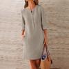 Women's Large Loose Solid Cotton Linen Round Neck Short Sleeve Pocket Button Dress