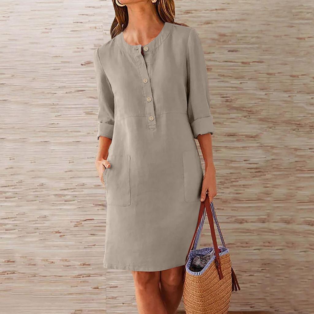 Women's Large Loose Solid Cotton Linen Round Neck Short Sleeve Pocket Button Dress