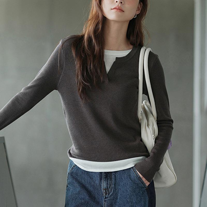 Spring Autumn Round Neck Fake Two Pieces Long Sleeve T-shirt Women Casual Fashion All-match Top Pullover Tee