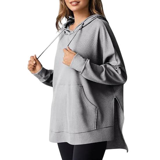 Осень-весна Женская толстовка с капюшоном, большим карманом, завязками на шнурке, свободным разрезом, однотонная вафельная текстура, свободный трикотажный спортивный топ