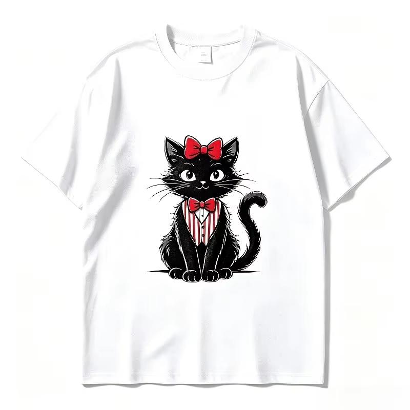 Cartoon Black Cat Bow Graphic Tee Casual Summer Short Sleeve Oversized T Shirt Cute Kitten Print Street Unisex Y2k Top Harajuku