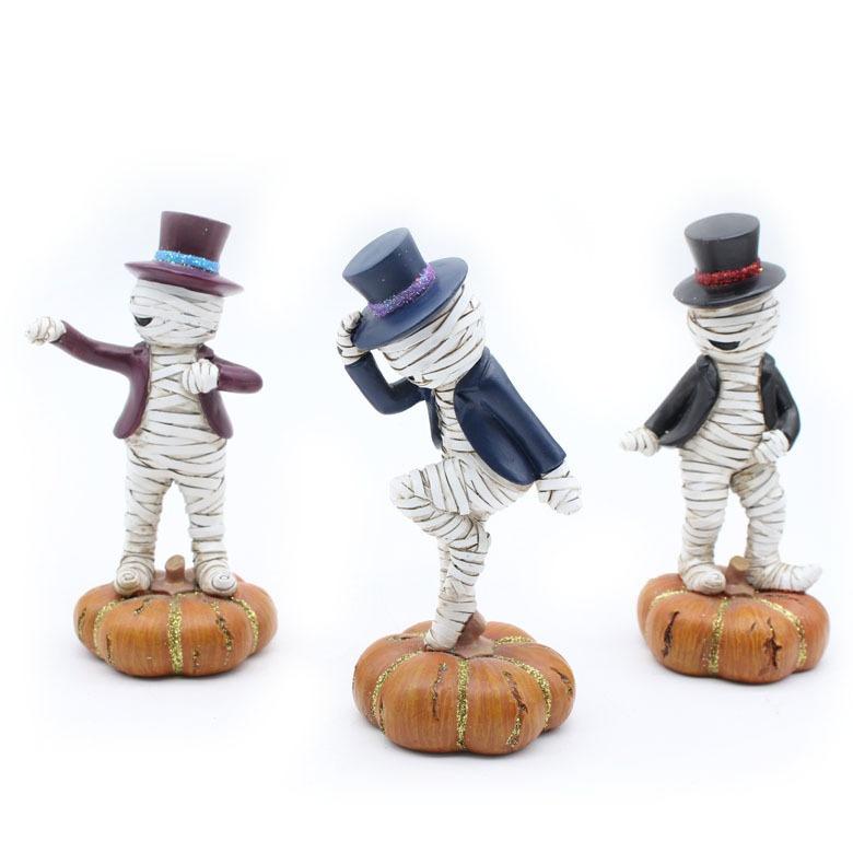 3pcs Mummy Dancing On The Pumpkin Halloween Resin Decorations Mummy Statues Party Holiday Decorations Figurines Gift
