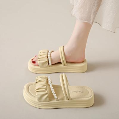 Женские босоножки на плоской подошве с жемчугом, модные шлепанцы с открытым носком, летние шлепанцы на платформе с отложным ремешком, повседневная пляжная обувь с круглым носком, новинка 2024 г.