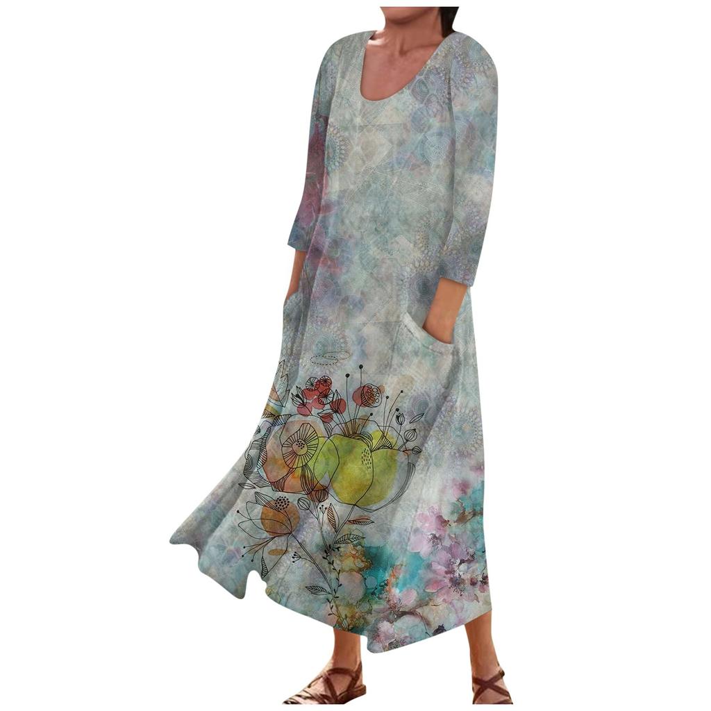 Женское модное повседневное свободное карманное платье с круглым вырезом и рукавами 3/4