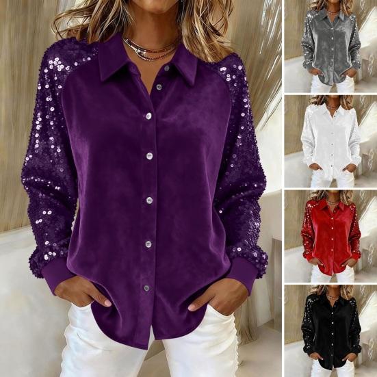 Женская вельветовая рубашка с пайетками, с длинным рукавом, с лацканами, повседневная блестящая рубашка на пуговицах для вечеринки, свидания, бара, ночного клуба