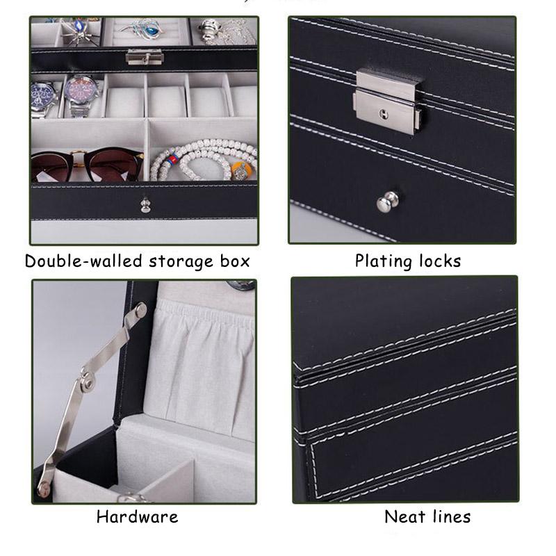 12-слотовые запирающиеся коробки для хранения часов из искусственной кожи, мужские и женские ювелирные изделия, ящик для показа, двухъярусный органайзер, витрина для часов