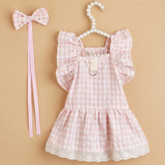 Летняя одежда для собак Головной убор с бантиком Пуловер с рюшами на рукавах и кружевным подолом Элегантный наряд Мягкое клетчатое платье Одежда для домашних животных и кошек Двуногий костюм для щенка