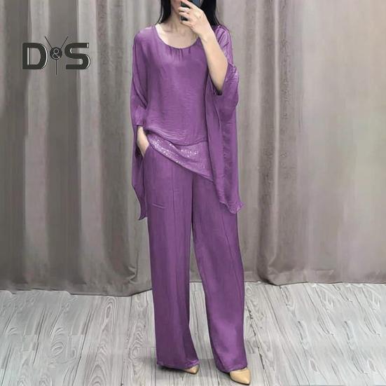 Женский повседневный костюм, топ, широкие брюки, свободный наряд для дома, вечеринки, офиса, с круглым вырезом, с рукавами «летучая мышь», комьютерный костюм