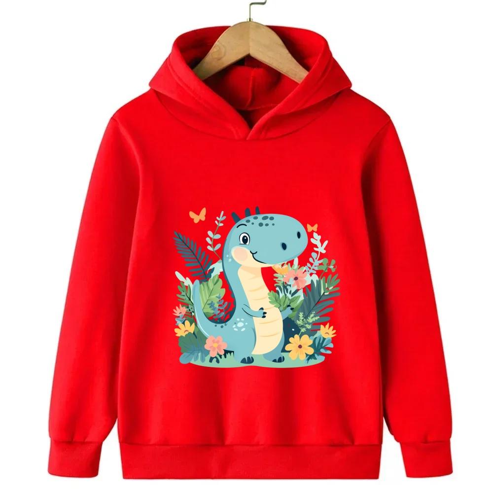 Red children's hooded sweatshirt cartoon dinosaur cute sweatshirt autumn and winter long sleeved boy and girl's favorite jacket