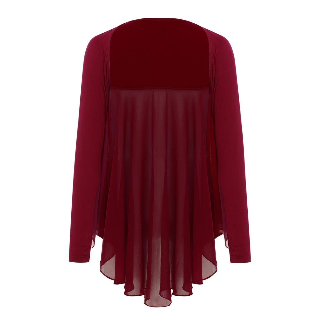 Топ для выступлений для девочек, стиль с открытой передней частью, неровный подол, болеро с крыльями ангела, соревновательный наряд