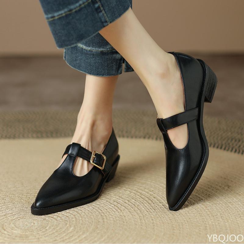 Модные ретро туфли-лодочки с острым носком, весенне-летние стили, толстый каблук, модный ремешок с пряжкой, простые, повседневные, универсальные женские туфли