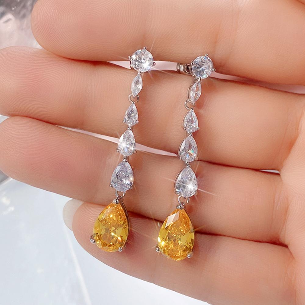Huitan Bright Pear Yellow Cubic Zirconia Long Hanging Earrings Romantic Bride Wedding Accessory Luxury Fashion Jewelry for Women