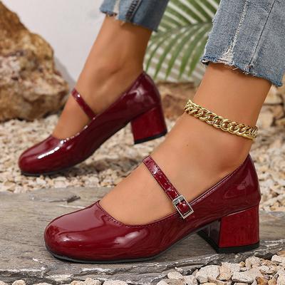 Модные Новые Элегантные Красные Черные Туфли Мэри Джейн для Женщин Лакированная Кожа Толстый Каблук Туфли для Платья Женские Туфли Лодочки с Круглым Носком и Ремешком с Пряжкой