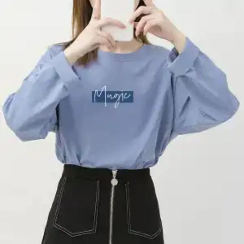 Осенняя новая футболка с длинным рукавом женская свободная с принтом букв круглым вырезом базовая