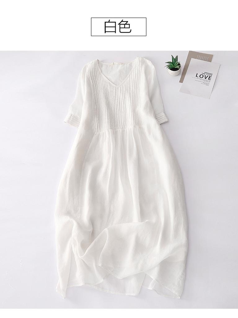 Платье в стиле ретро из хлопка и льна с органной складкой, женское, однотонное, с V-образным вырезом, из рами, длинное, тонкое, детское