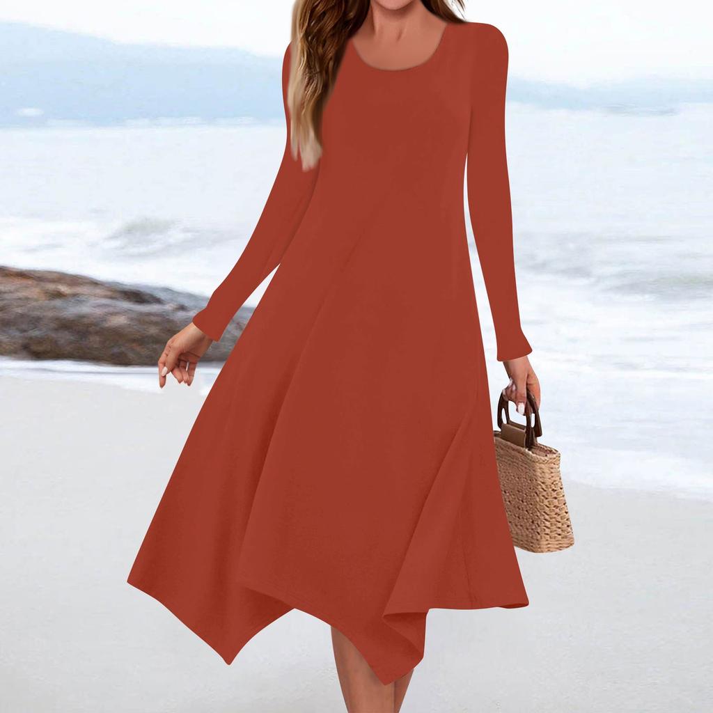 Women's Casual Fashion Round Neck Long Sleeve Solid Color Irregular Hem Midi Dress