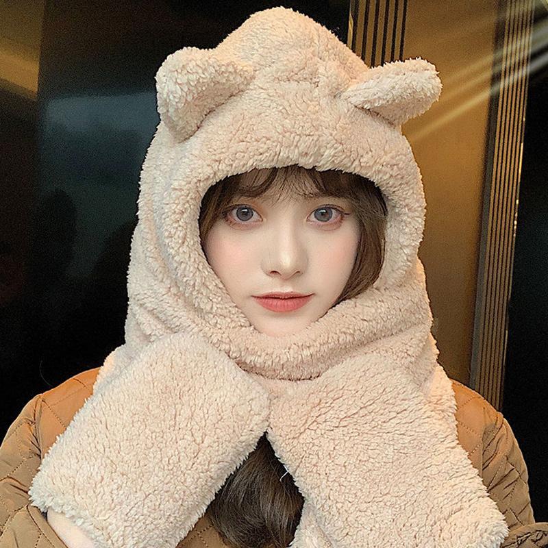 Winter Women One Piece Scarf Cap Winter Thick Warm Hat Scarf Gloves Windproof Anti-cold Girls Cartoon Bear Lamb Fleece Beanie