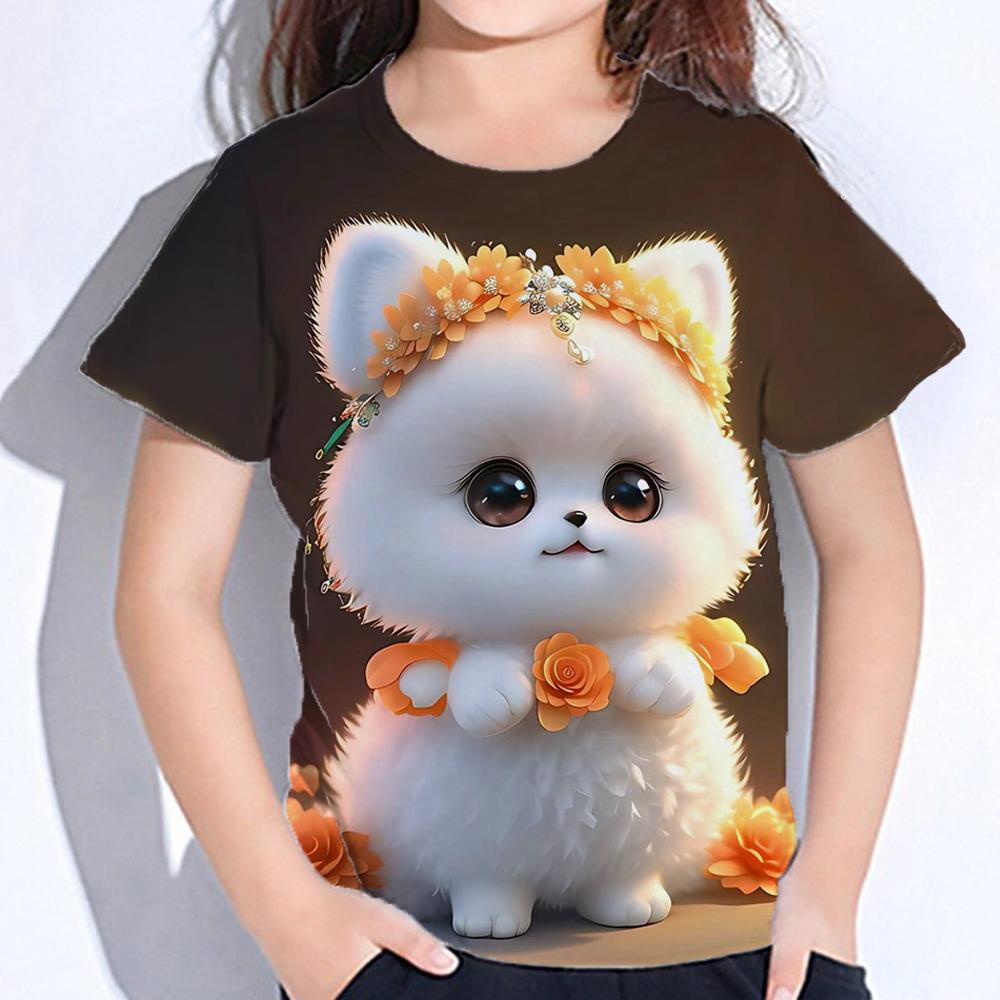 2025 Детская одежда Принт Одежда для девочек Модная блузка Kawaii Футболка Детская одежда Полиэстер Девушка Футболка с коротким рукавом