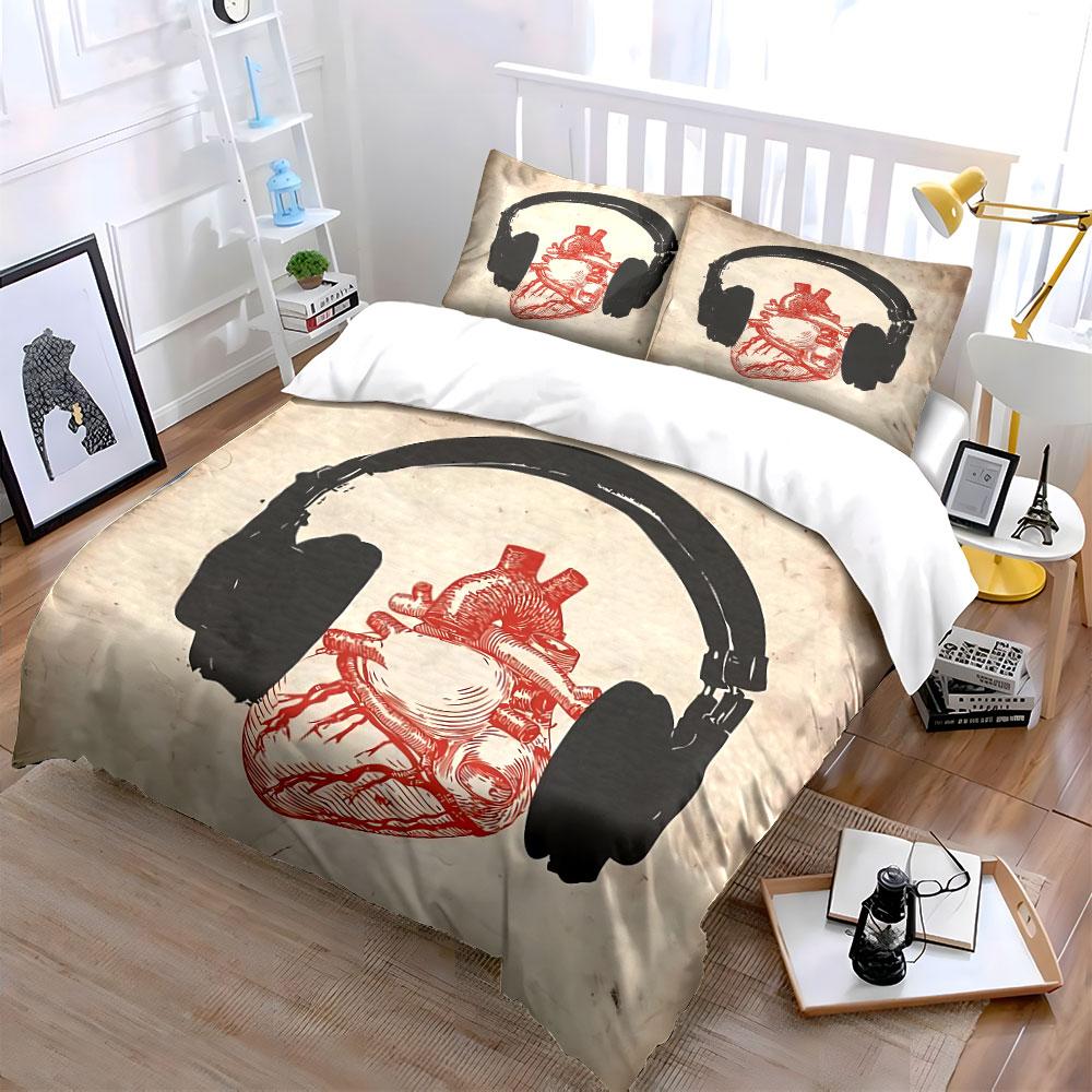 Heart with Headphones Artwork Bedding Duvet Cover Set Duvet Cover Pillowcases (1*Duvet Cover 2*Pillowcases, without duvet insert)