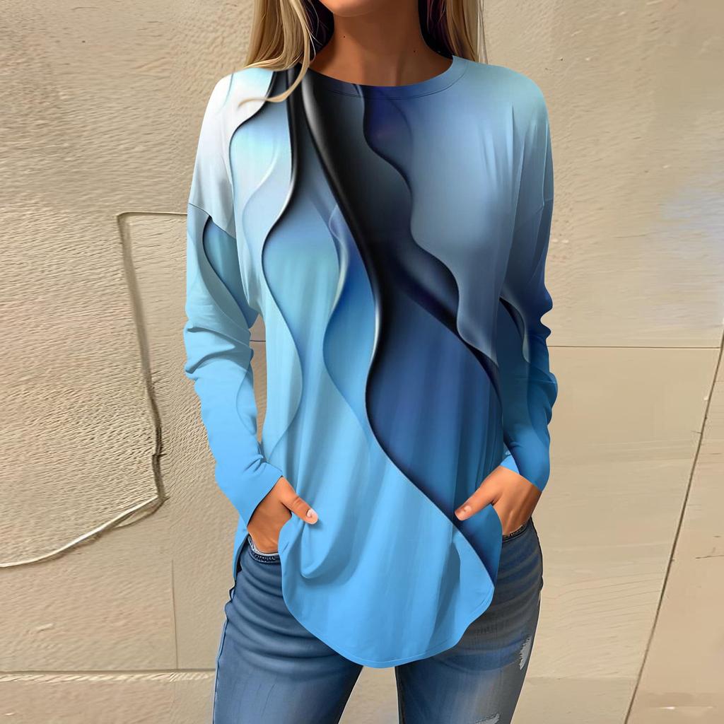 Женская свободная футболка с длинным рукавом с круглым вырезом и принтом, верхний пуловер