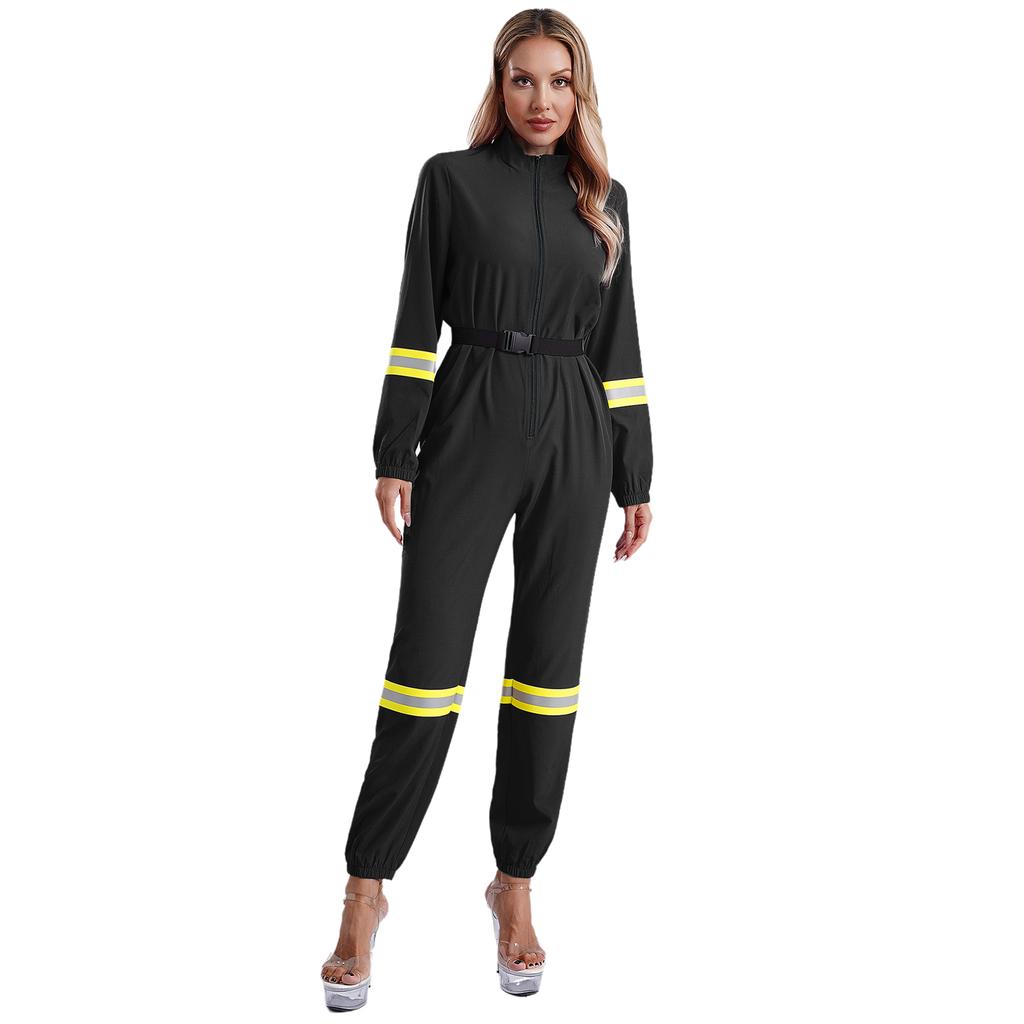 Complete Firefighter Outfit for Women S-3XL: Long Sleeve Belted Romper with Stand Collar, Halloween & Club Party Costume