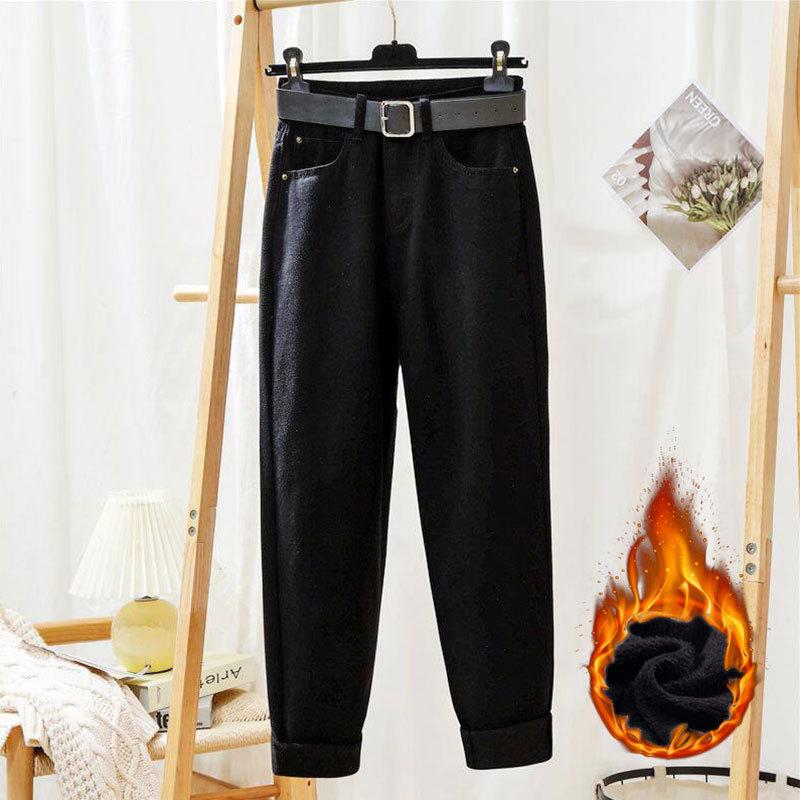 Женские теплые джинсы-карроты из бархата с высокой талией — свободные, универсальные и модные брюки прямого покроя