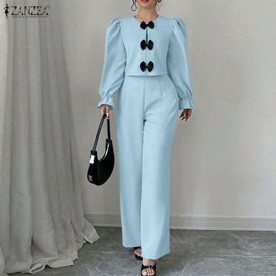 Женские повседневные комплекты с длинным рукавом, укороченная блузка с бантом и длинные брюки, костюмы из двух предметов