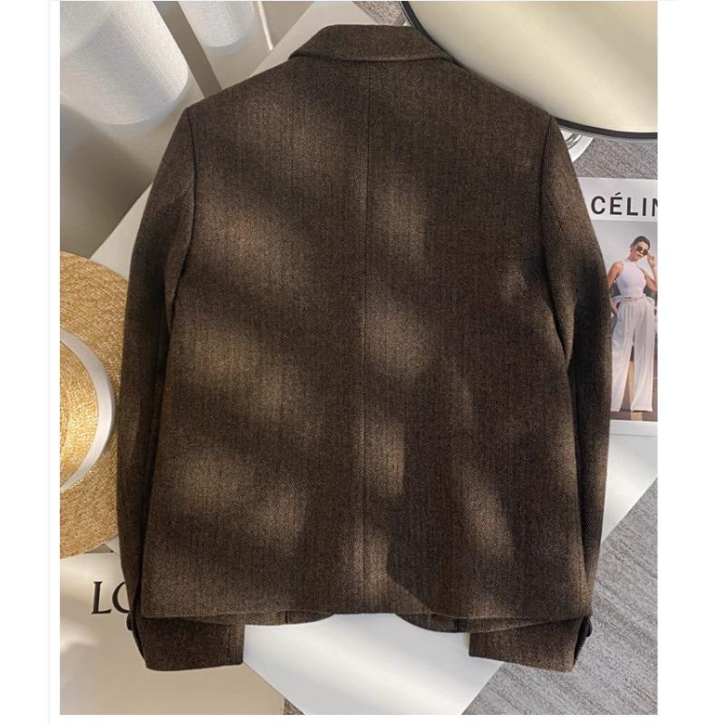 Повседневный шерстяной пиджак кофейного цвета в клетку с ретро-дизайном для женщин