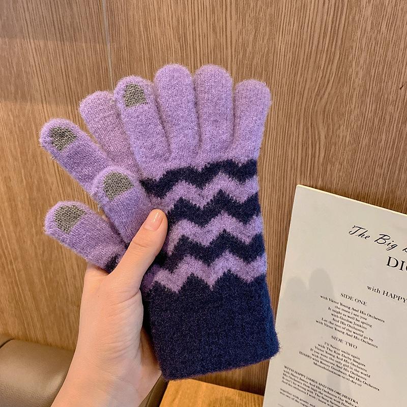 Теплые зимние перчатки для женщин Корейская пара Сенсорный экран Пятипалые Вязаные Мужские Для езды на велосипеде Плюс бархат Студенческие Утепленные Милые Жаккардовые