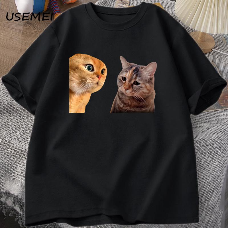 Sad Cat Mewing T-shirt Funny Two Cats Talking Meme Grpahic T Shirts Women Men's Cotton T-shirt Summer Short Sleeves Tees