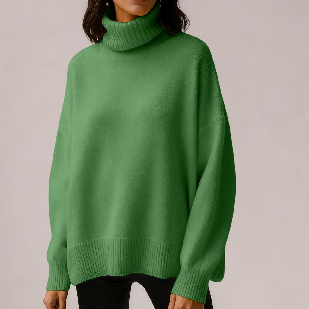 Women's Solid Color High Neck Pullover, Solid Color Loose Knit Sweater