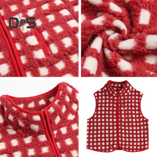 Women Vest Jacket Stand-up Collar Contrast Color Sleeveless Checked Pattern Cardigan Waistcoat Zipper Closure Daily Outdoor Outerwear