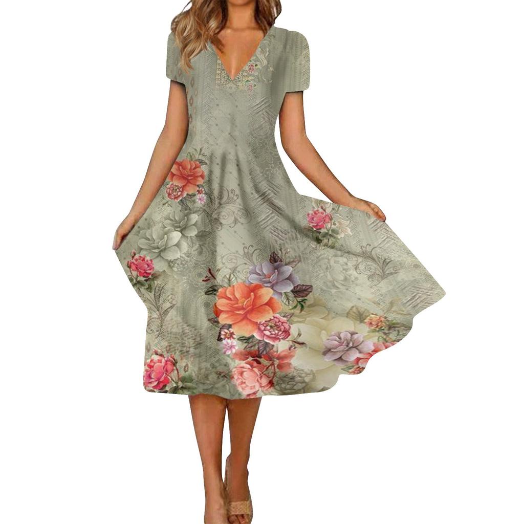 Women's Fashion And All-match Summer Temperament V-neck Printed Short-sleeved Dress