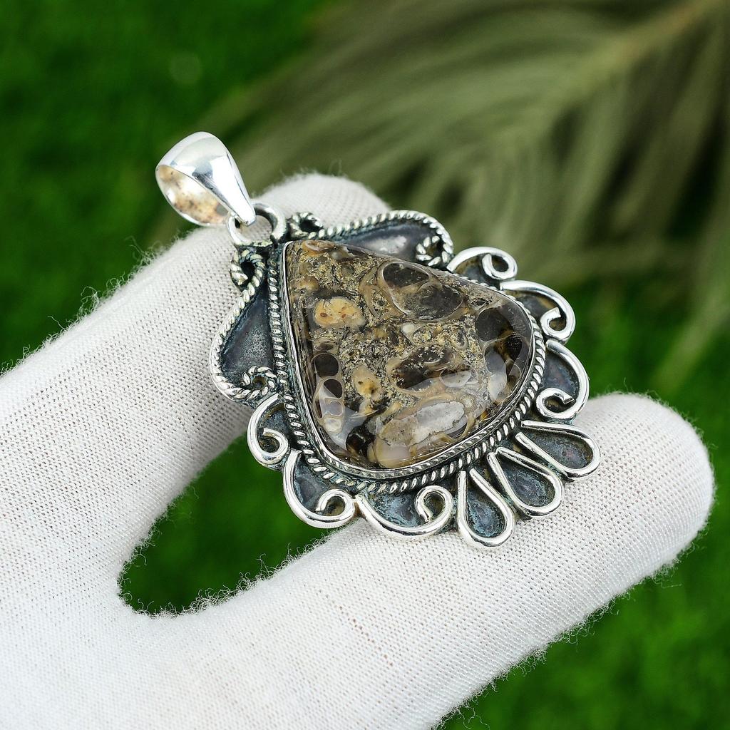 Sterling Silver Pear Turritella Agate Stone Mother Unique Bezel Pendant Jewelry