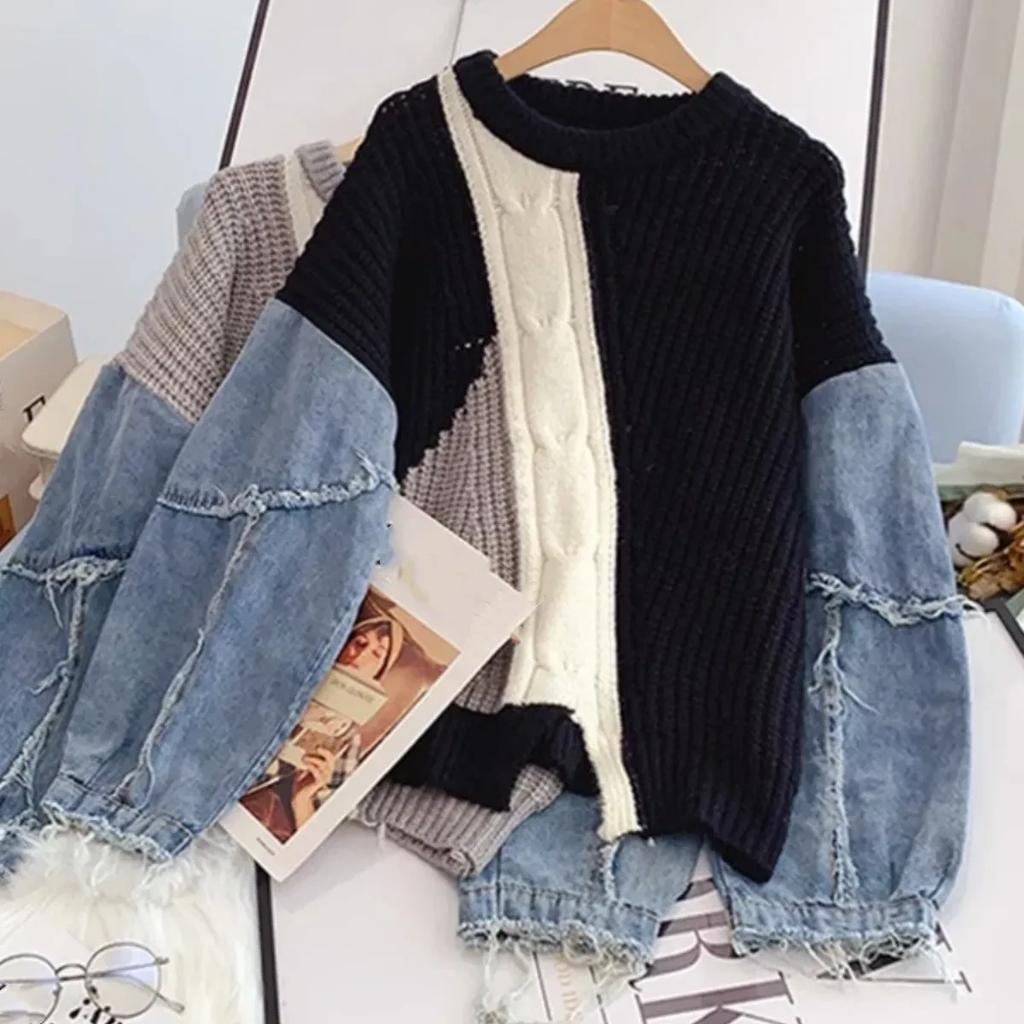 Женский свободный свитер с ленивым трикотажем, сшитый из денима, с рукавами, на осень и зиму
