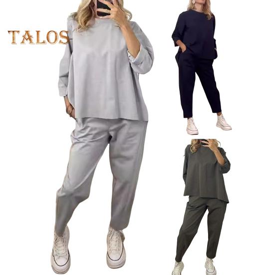 2 шт./комплект женский свитер брюки комплект круглый вырез длинный рукав топ эластичный пояс широкие спортивные штаны спортивный наряд осень повседневная одежда для поездок на работу