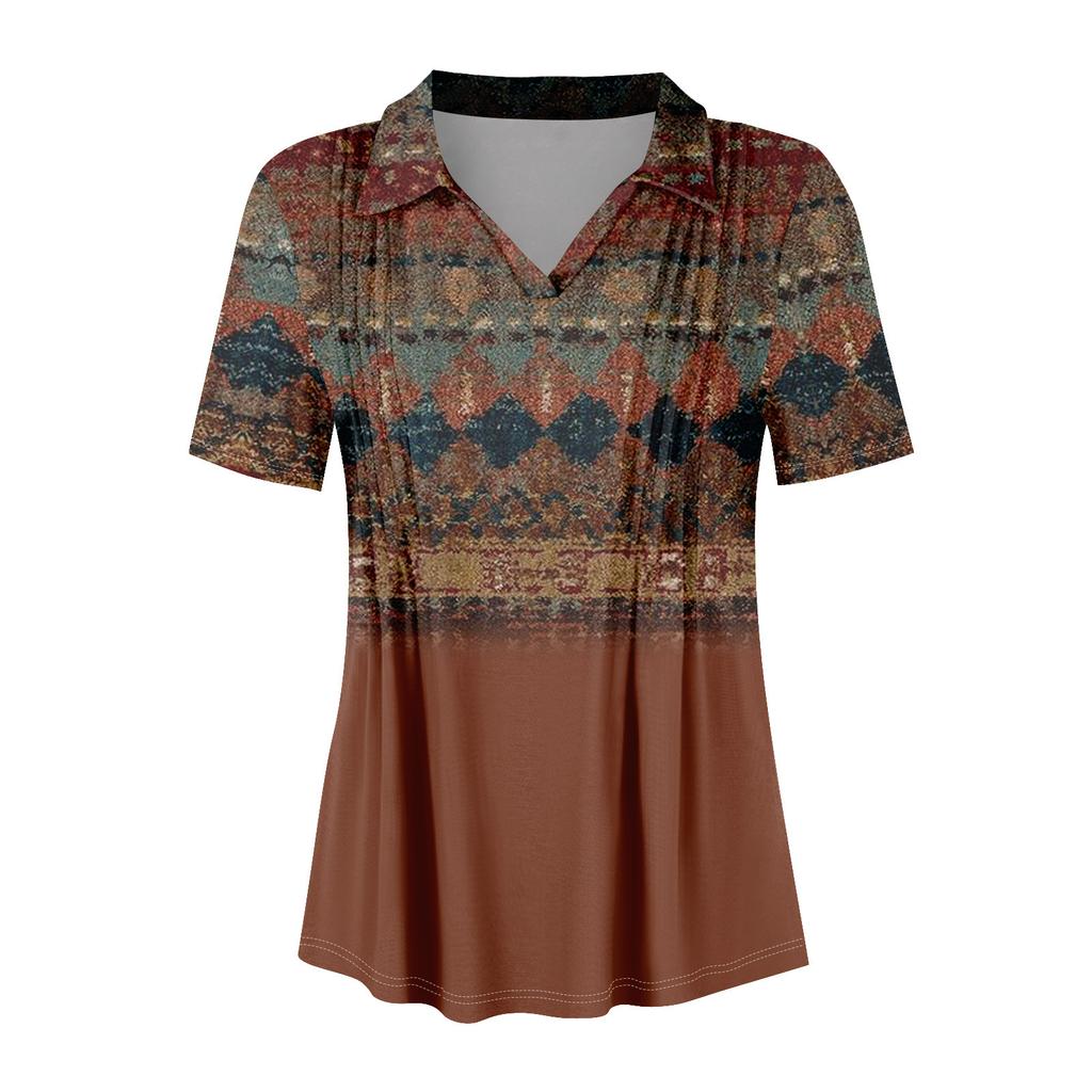 Женские футболки с коротким рукавом, плиссированные, с V-образным вырезом, с принтом, с воротником, летние топы, модные, деловые, повседневные, рабочие