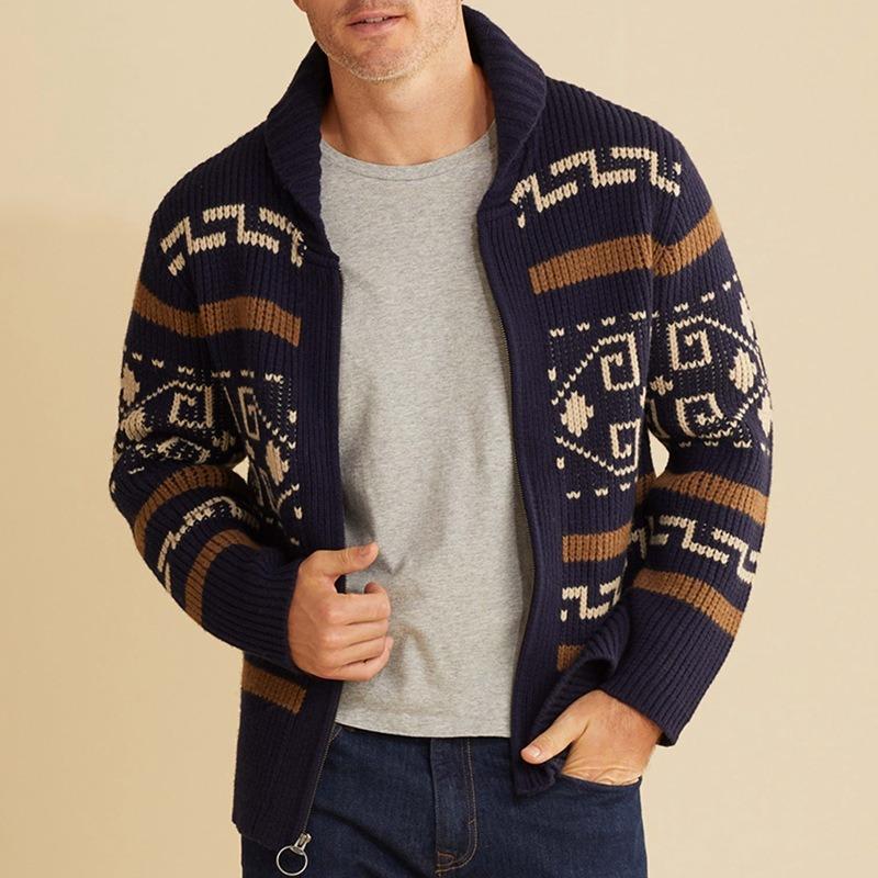 Autumn Winter New Men's Fashion Lapel Casual Cardigan Coat Long Sleeve Slim Jacquard Knitted Sweater
