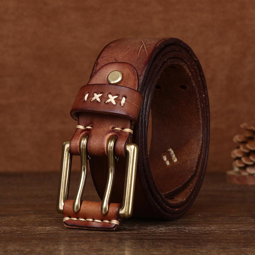 Мужской ремень из натуральной кожи в стиле ретро с персонализированной медной пряжкой, ремень из коровьей кожи первого слоя