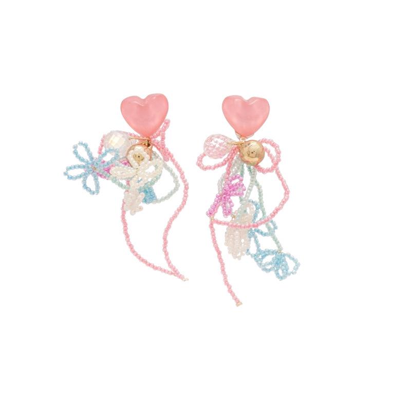 Богемные розовые серьги-кисточки с цветком из бисера и жемчуга