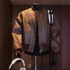 Men Cropped Patchwork Motorcycle Jacket Long Sleeve Zip Up Baseball Style