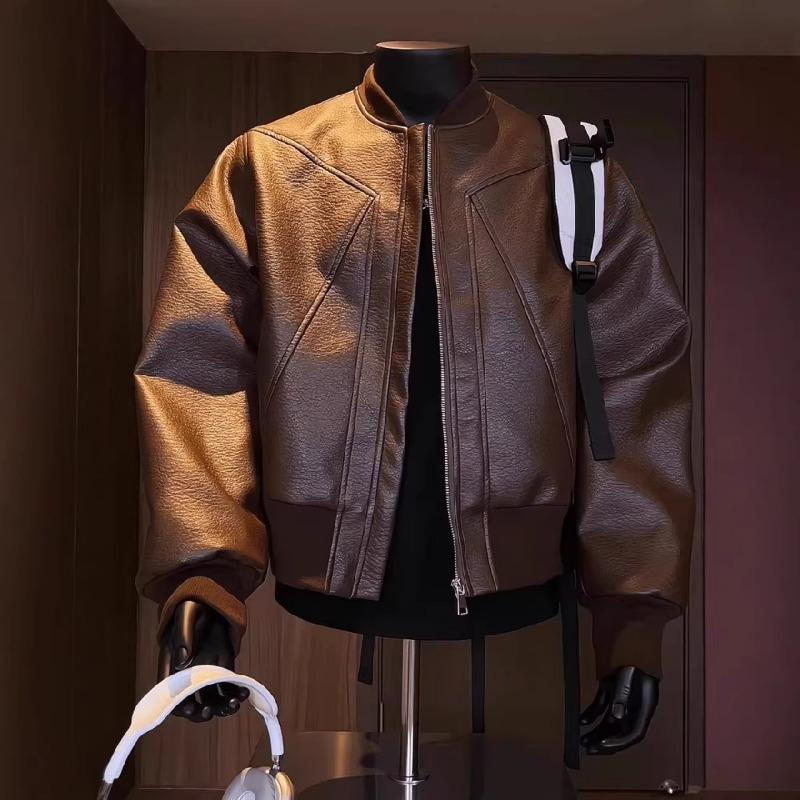 Men Cropped Patchwork Motorcycle Jacket Long Sleeve Zip Up Baseball Style