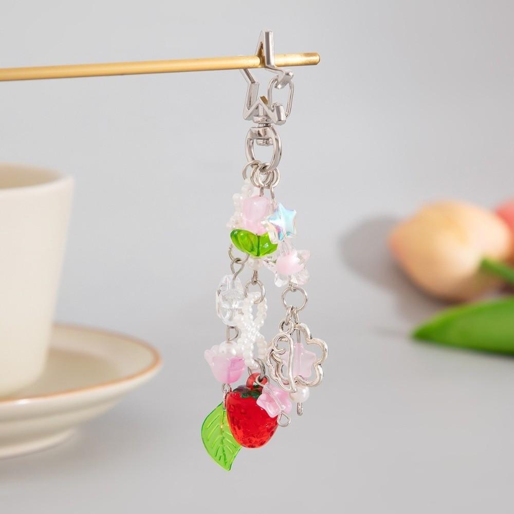 Strawberry Design Beaded Phone Chain Cute Flower Bag Charm Keychain Strap  Coquettish Style