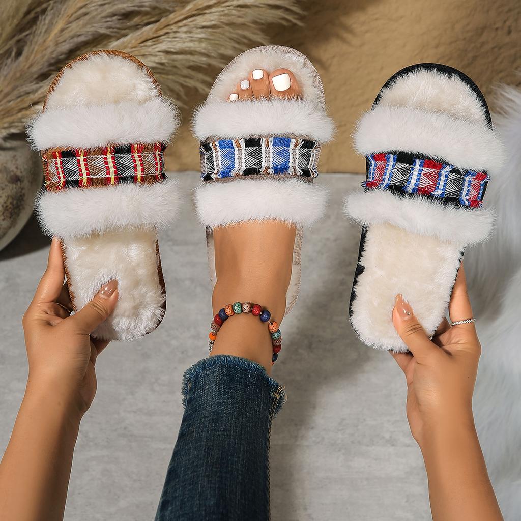 2024 Female Flat Fur Slides Design Women Home Slippers 2024 Home Soft Bottom Flip-flops Winter Walking Cozy Cotton Women Slides