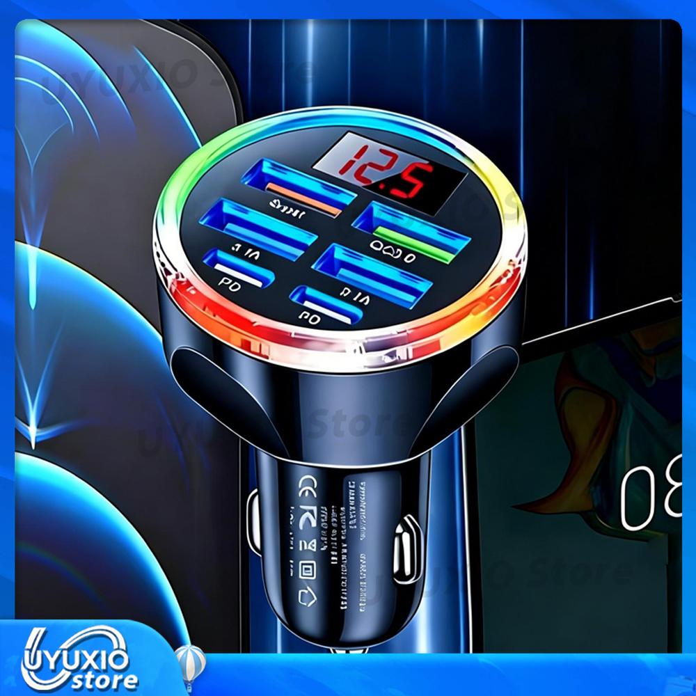 6 in 1 USB Car Charger Adapter with LED Voltage Display Super Fast Charge for iPhone Samsung iPad Huawei Oneplus OPPO VIVO