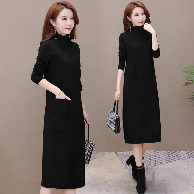 Autumn Winter Women's Mid-length Knitted Dress Solid Color Pullover Dress Thickened Half High Collar Bottoming Knitted Pockets Dress