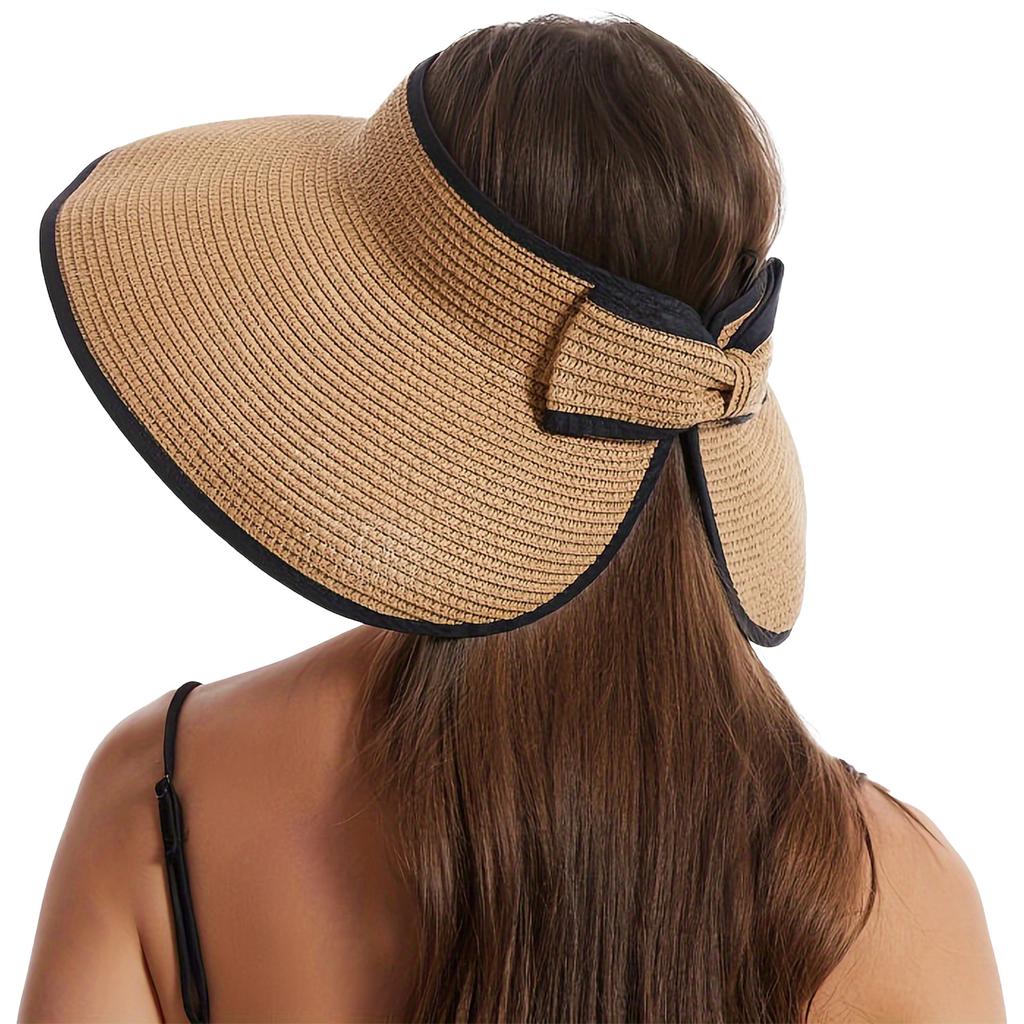 Summer Beach Sun Hat For Women Portable Folding Wide Brimmed Straw Hat Fashion Bow Shaped Hollow Top Straw Hat Girls Bucket Hats
