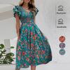 Женское платье: Весенне-летняя мода с принтом, V-образным вырезом, короткими рукавами и присборенной талией