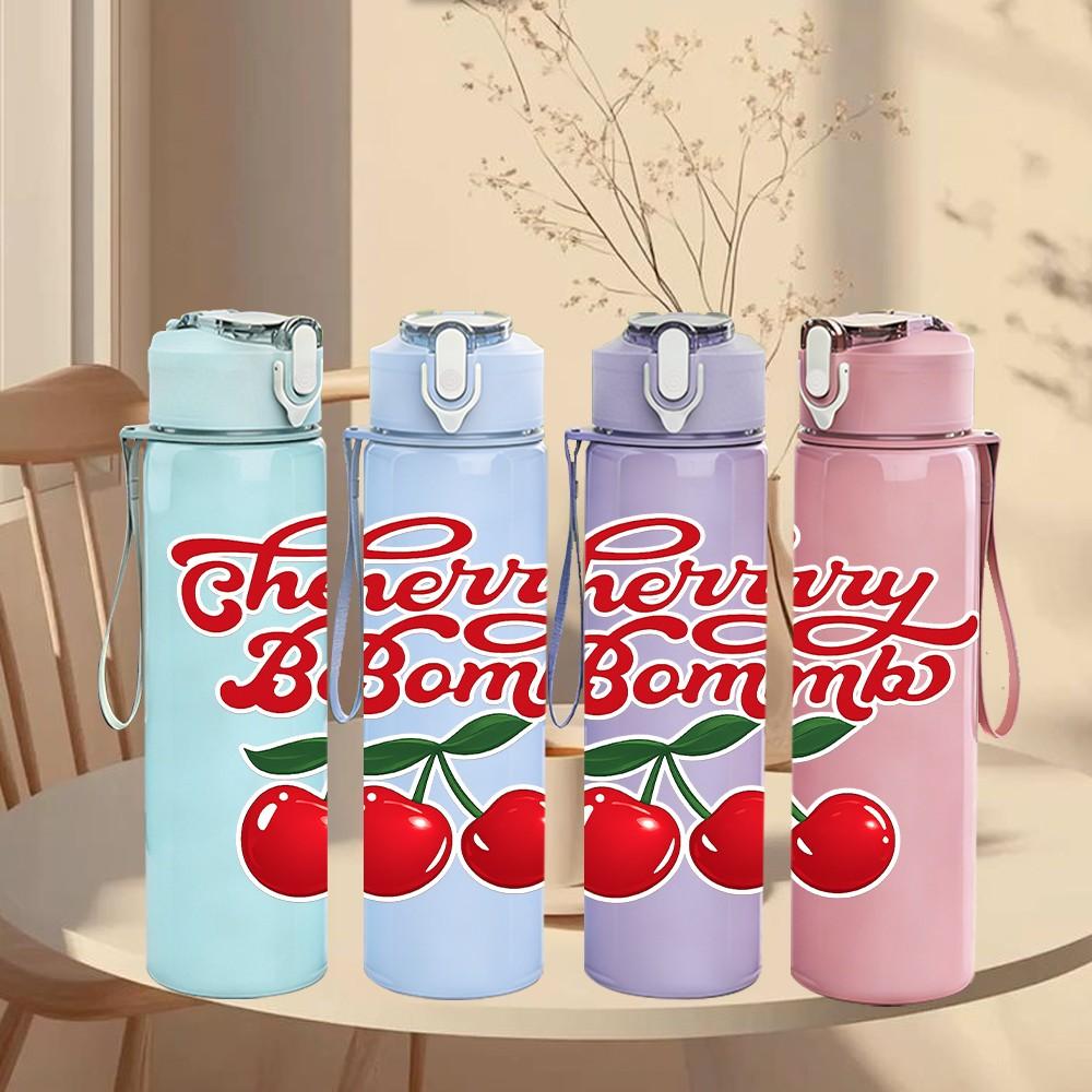 1PC Cherry Bomb Retro Cherry Fruit Badge Print 750ml Color Plastic Sports Water Bottle Leakproof Flip Straw Lid Suitable for Sports Office Home Use