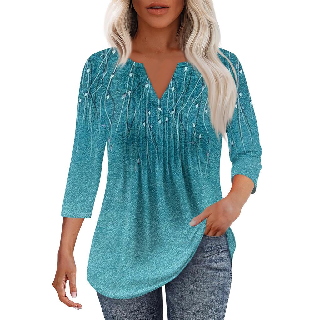 Женская модная повседневная плиссированная футболка с V-образным вырезом и рукавом семь четвертей